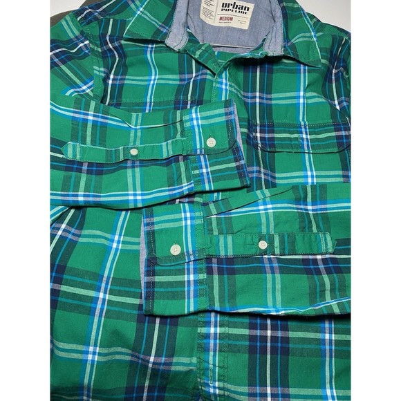 Urban Pipeline Shirt Mens Medium M Green Blue Plaid Button Up Casual - Picture 6 of 8